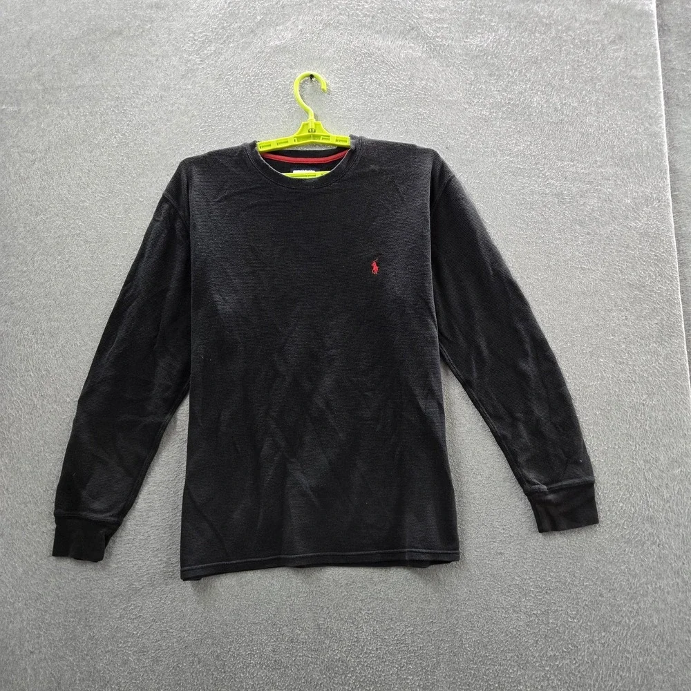 Polo Ralph Lauren Men Shirt XL Black‎ Embroidered Logo Waffle Knit Long Sleeve